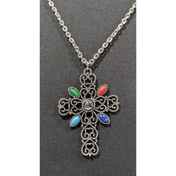 Avon Jewelry - Silver Filigree Cross Stone Accents